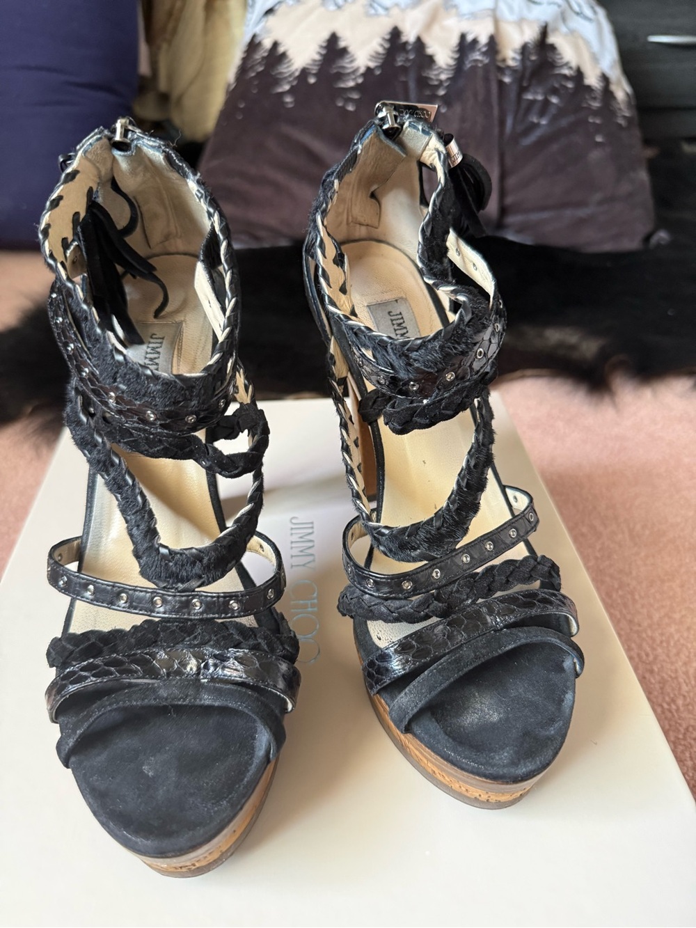 Jimmy Choo Black Braided & Studded Leather Platform Heels